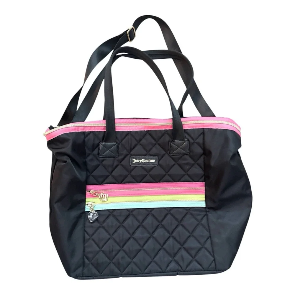 JUICY COUTURE Large Black Designer Shoulder Strap Multicolor Quilted Tote Bag